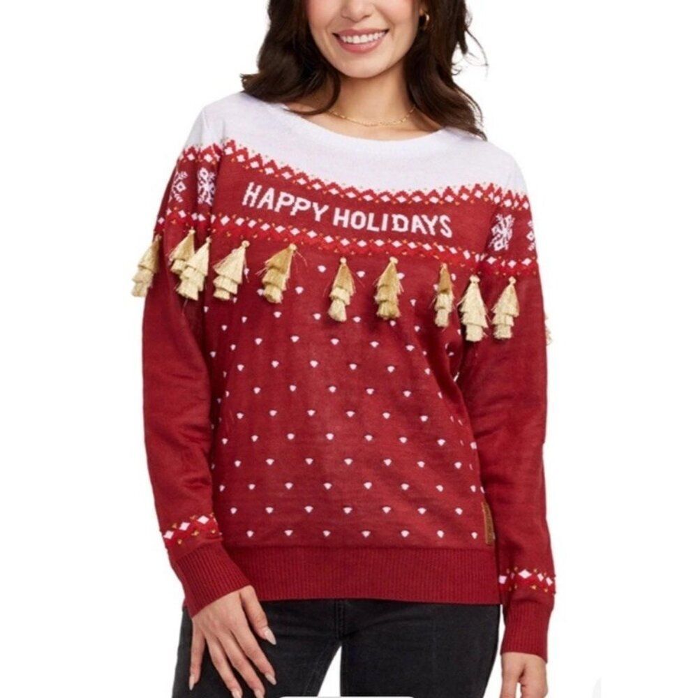 Womens Large Happy Holidays Gold Tassel Red Ugly Christmas Sweater Tipsy Elv NWT